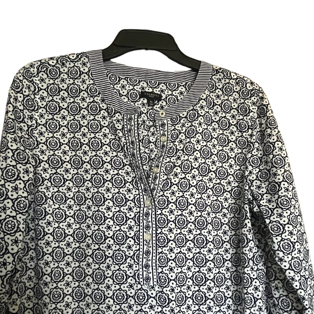 Talbots Blue and White Women top Tunic 3/4 Sleeve Sz Mp‎ - Picture 2 of 9